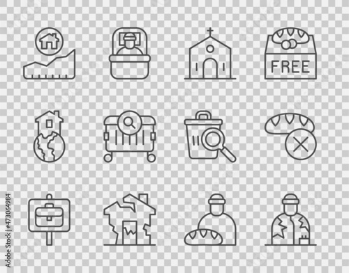 Set line Work search, Homeless, Church building, Ruined house, Rising cost of housing, Searching for food, Feeding the homeless and Donation icon. Vector