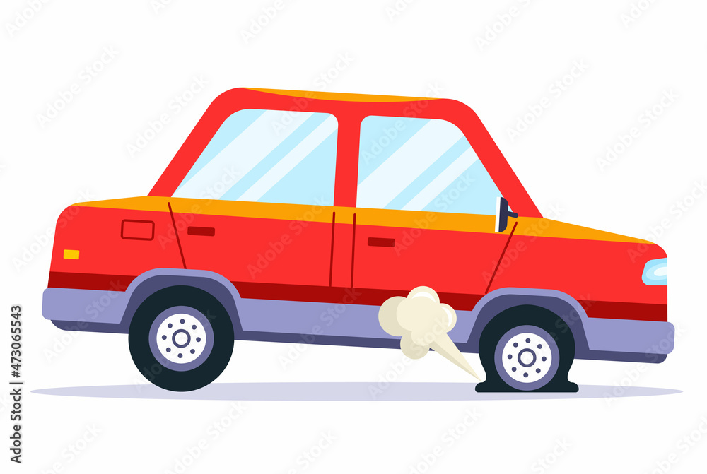 punctured wheel on a car. tire replacement. flat vector illustration.