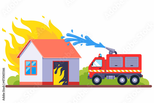 firefighters extinguish a wooden burning house. fire hose with water. flat vector illustration.