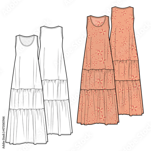 Women's tiered maxi print dress  fashion vector sketch, Apparel template