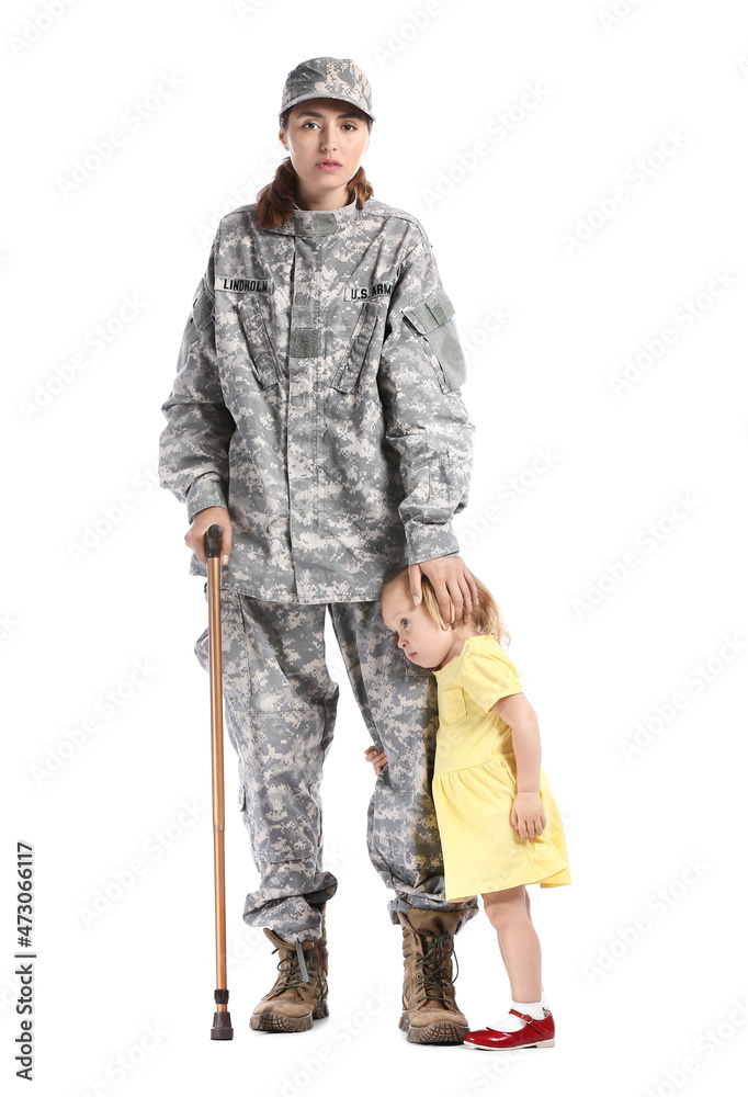 Female soldier with cane and her little daughter isolated on white Female soldier with cane and her little daughter isolated on white