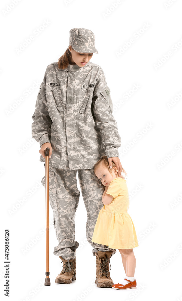 Female soldier with cane and her little daughter isolated on white