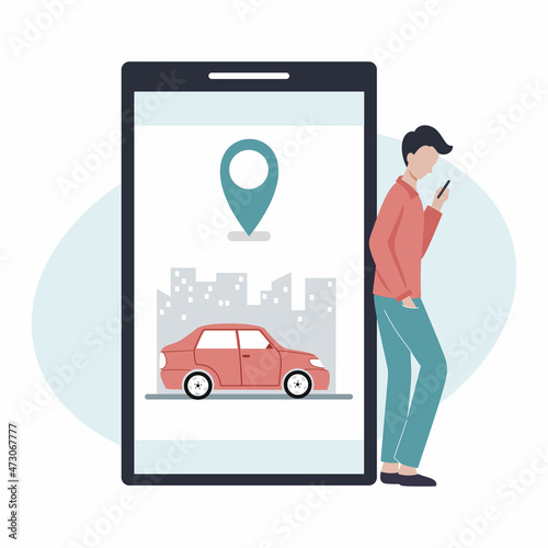Man orders taxi via smartphone. Carsharing and car rental. Online application for auto call.