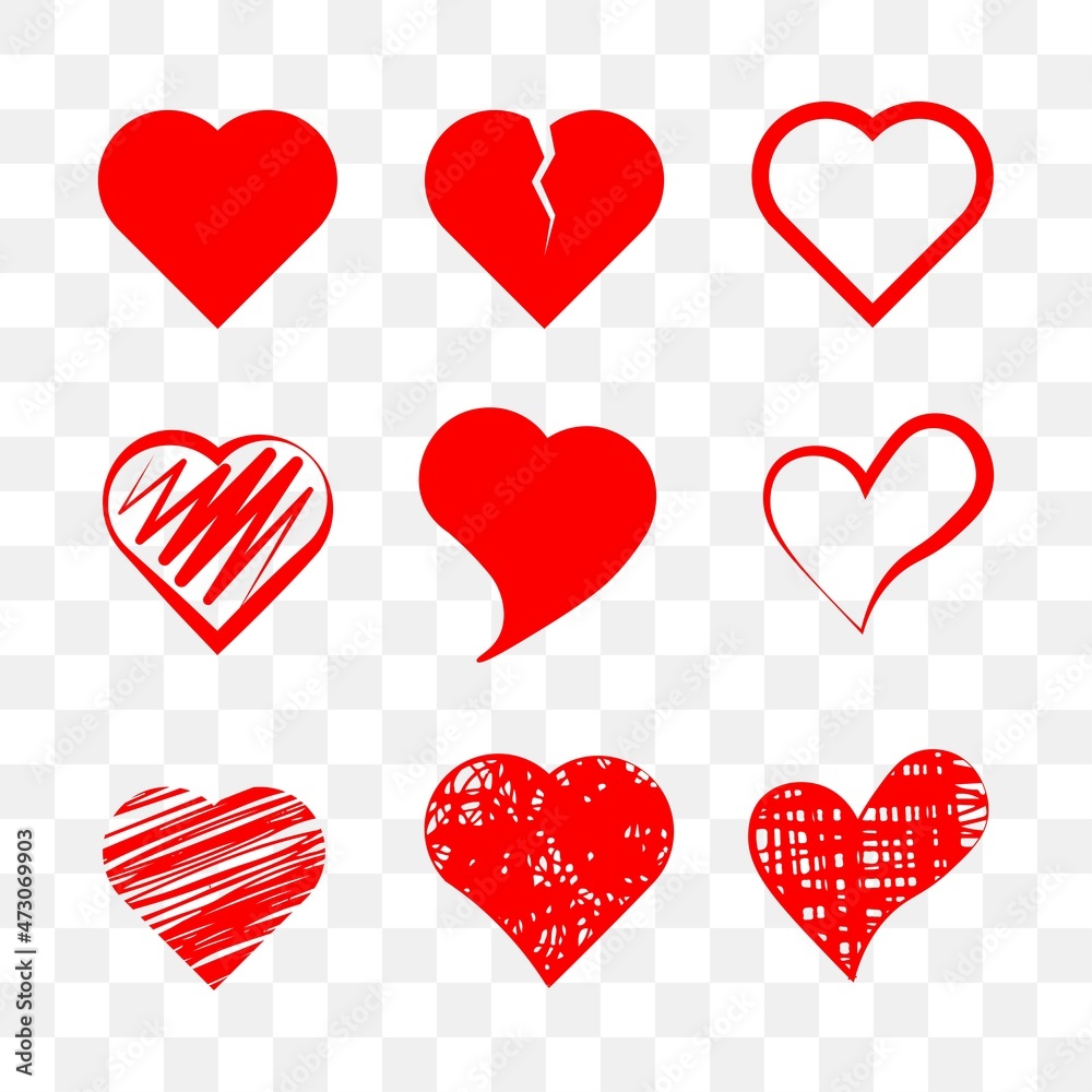 Hand drawn symbol with red heart on transparent background. Red heart icons set vector.