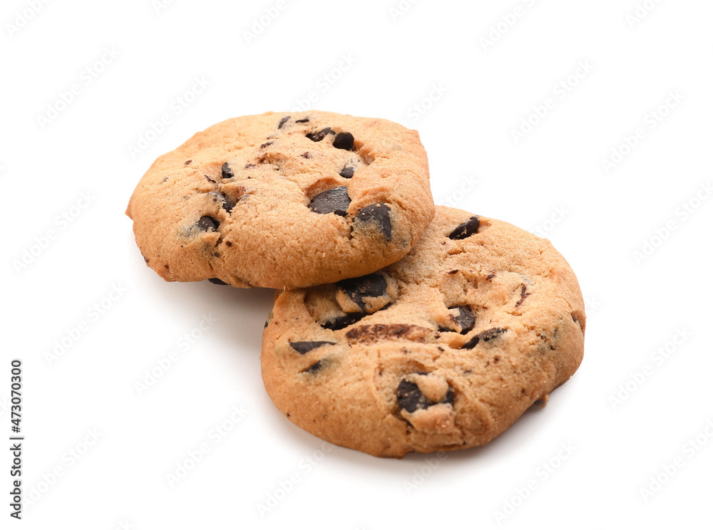 Tasty homemade cookies with chocolate chips on white background