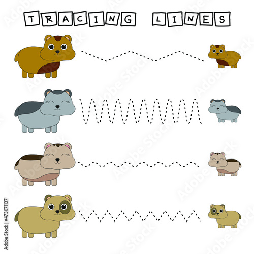 Trace line worksheet with  hamsters for kids, practicing fine motor skills.  Educational game for preschool children. 
