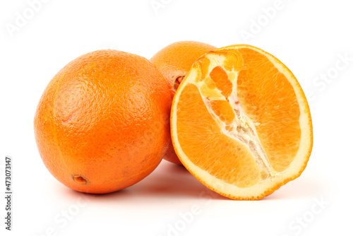 Whole orange fruit and his segments or cantles isolated on white background cutout