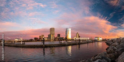 city of Milwaukee skyline with interesting colorful clouds during sunrise © Patrick