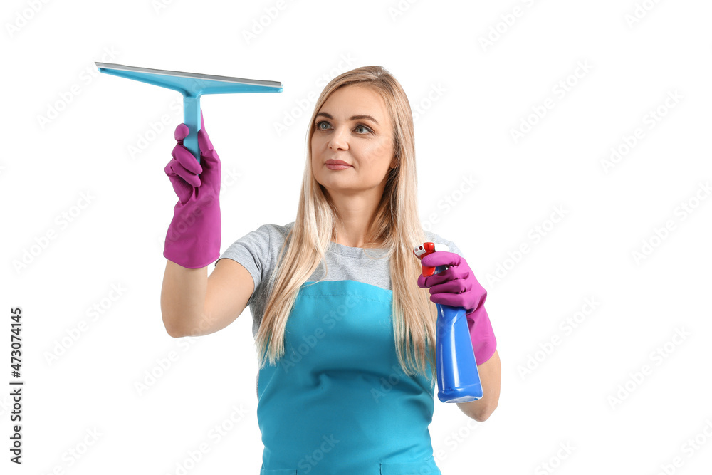 Woman with cleaning supplies isolated on white Woman with cleaning supplies isolated on white