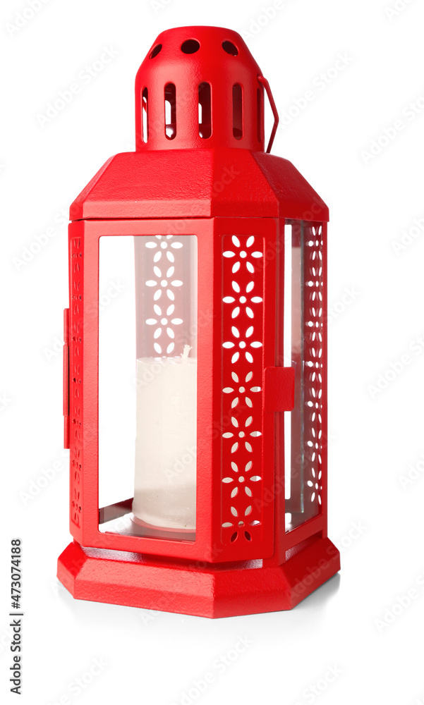 Christmas lantern with candle on white background Christmas lantern with candle on white background