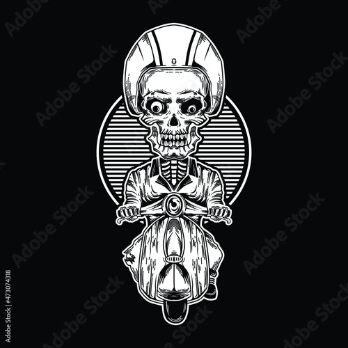 hand drawn skeleton with scooter vector