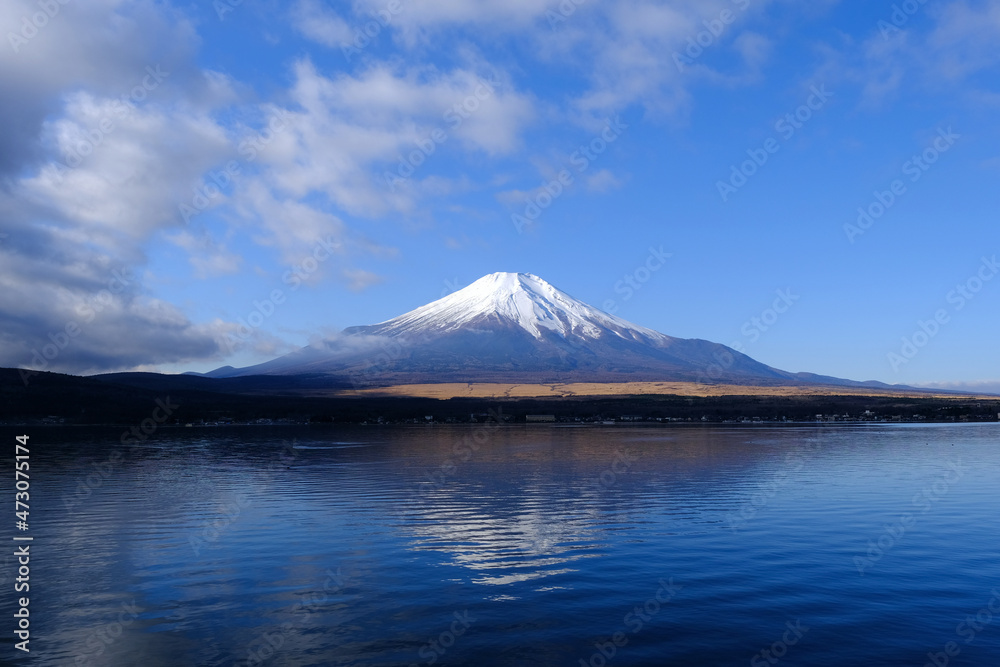 Fototapeta premium 【山梨】長池親水公園から見る山中湖と富士山（冬）
