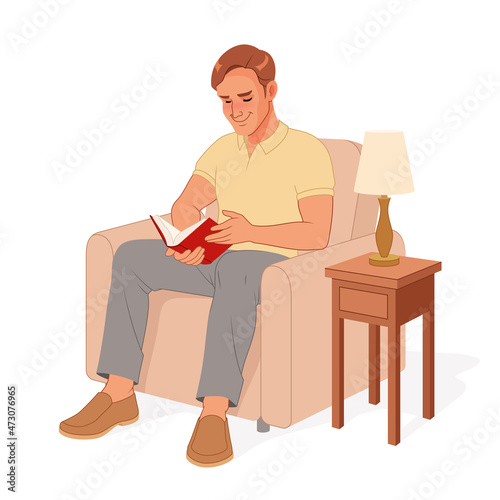 Young man reading a book while resting in the armchair. Vector illustration.