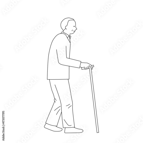 Illustration of a senior man walking with a cane (white background, vector, cut out)