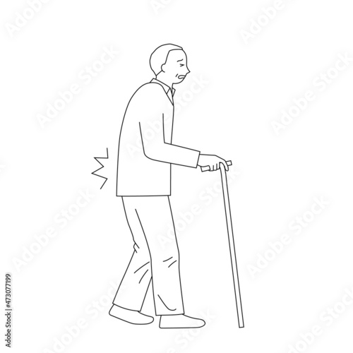 Illustration of a senior man walking with a cane (Low back pain)(white background, vector, cut out)