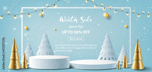 Winter sale product banner, podium platform with geometric shapes and snowflake, paper illustration, and 3d paper.