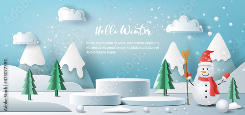 Winter landscape with snowy background, product banner, podium platform with geometric shapes and snowman, paper illustration, and 3d paper.