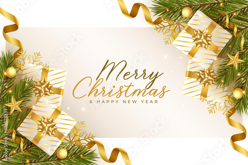 lovely merry christmas golden and white realistic greeting design