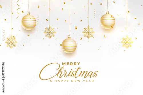stylish merry christmas bauble and snowflakes decoration white background