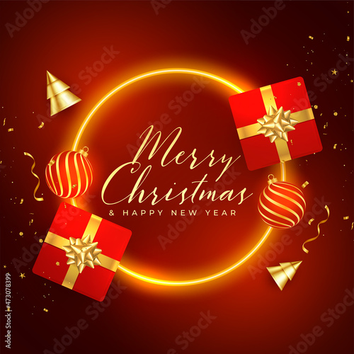 merry christmas neon frame background with 3d elements