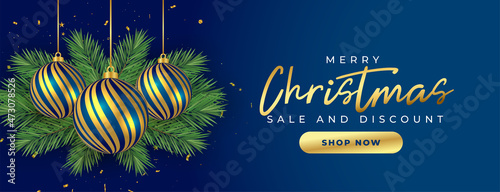 merry christmas sale and discount promotional banner with xmas balls and leaves