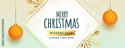 merry christmas big sale banner with hanging xmas balls