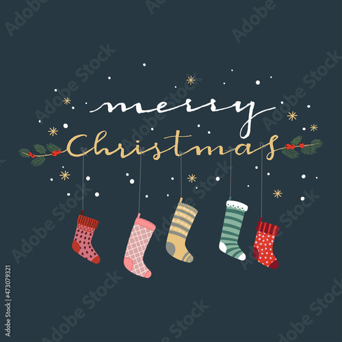Vector illustration card of Christmas socks with Merry Christmas handwritten.