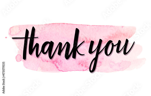 Thank you vector handwritten calligraphy over pink watercolor brush strokes background.