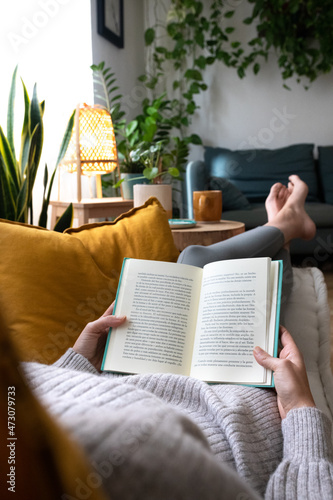 POV of young woman reading a book at home lying on couch. Vertical concept. photo