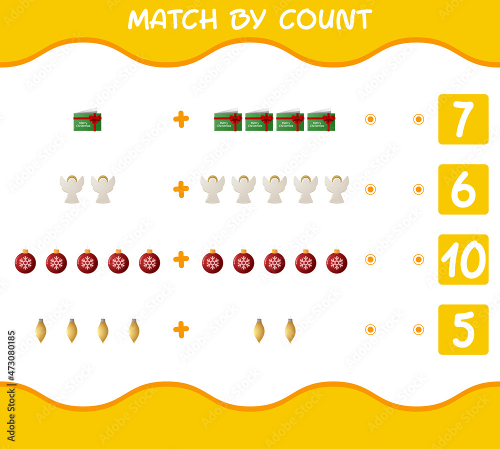 Fototapeta premium Match by count of cartoon christmas. . Match and count game. Educational game for pre shool years kids and toddlers