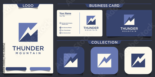 Mountains minimal vector logo sign. Mountain combined with lightning logotype.