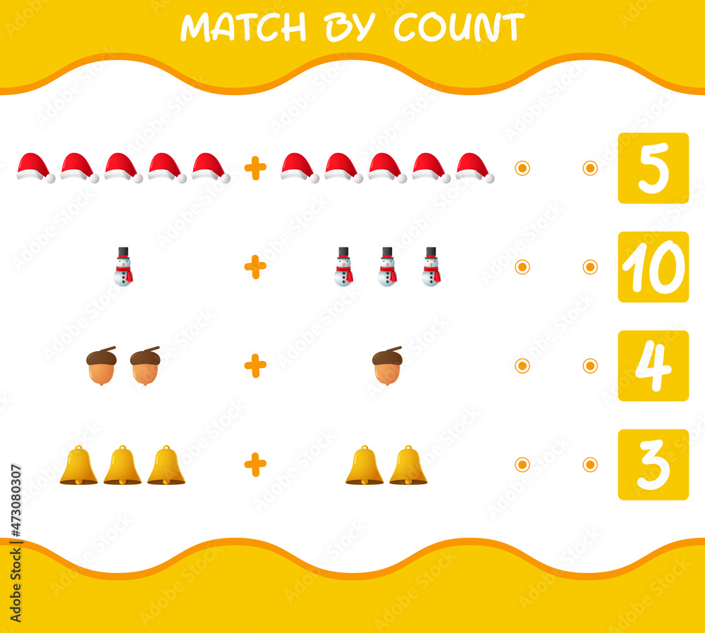 Match by count of cartoon christmas. . Match and count game. Educational game for pre shool years kids and toddlers