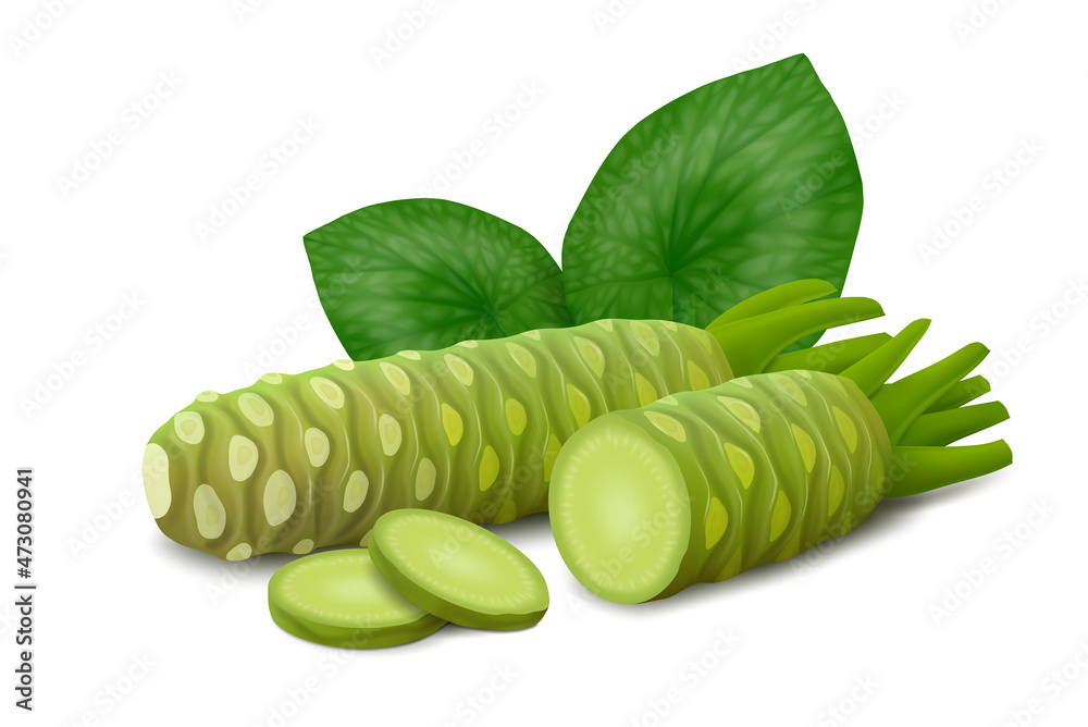 Whole and half wasabi (Japanese horseradish) roots with two slices and