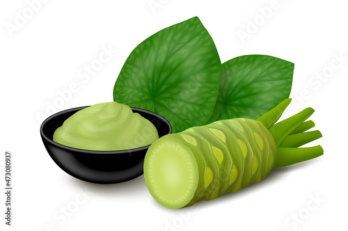 Natural wasabi (Japanese horseradish) paste in a black bowl, two leaves and half of root isolated on white background. Realistic vector illustration. Side view.