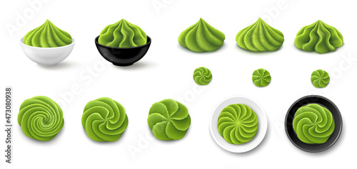 Wallpaper Mural Set of wasabi portions in various shapes, paste in bowls isolated on white background