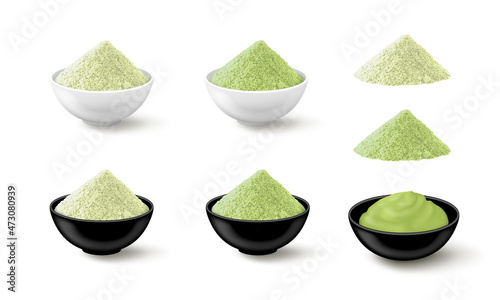 Set of isolated wasabi powder in black, white bowls. Prepared paste, two piles in various colors (pale and light green). Realistic vector illustration. Side view.