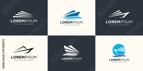 speed boat with waves element logo icon set. boat logo design template vector.