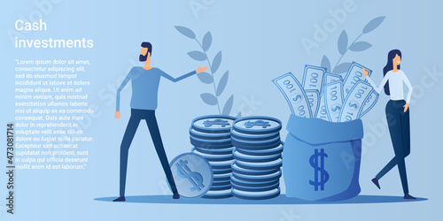 Cash investments.Financial advice and successful investments.Financial transactions money turnover.Poster in business style.Flat vector illustration.