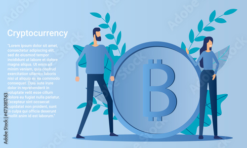 Cryptocurrency.People on the background of the bitcoin coin.Poster in business style.Flat vector illustration.