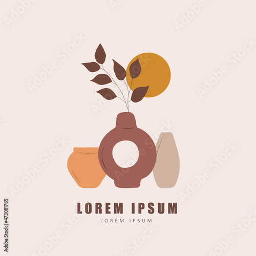 Poster with vases in boho style. Abstract silhouette of ceramic pots and clay jugs in pastel colors. Modern home wall decor. Hand drawn vector illustration.