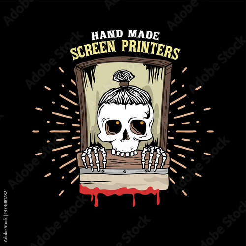 vintage skull head holding screen printers
