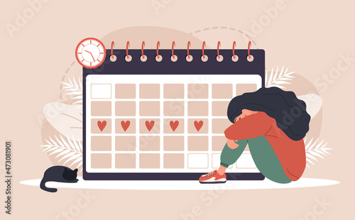 Woman period. Menstruation calendar shedule. Female critical day problems. Sad girl with pms. Vector illustration in flat cartoon style.