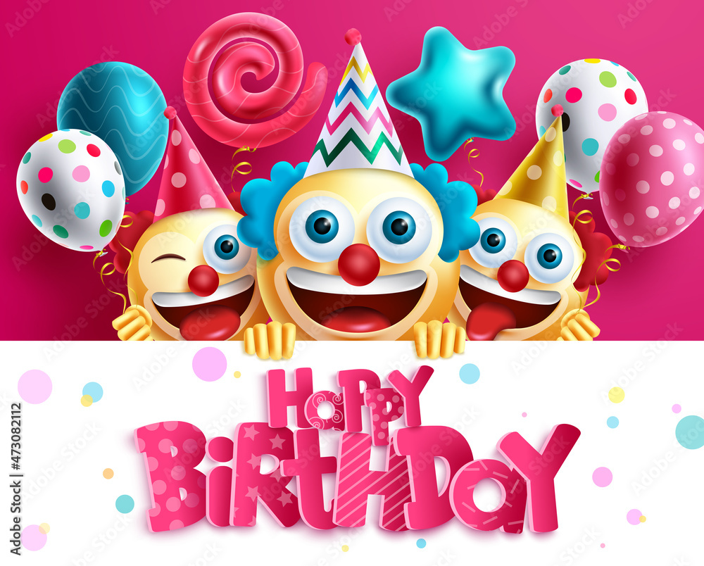 Naklejka Birthday smiley clown vector design. Happy birthday text with emoji celebration characters in funny faces and balloons decoration for kids greeting card messages. Vector illustration.