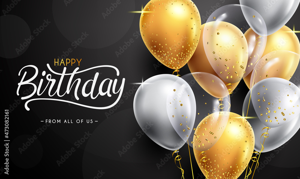 Birthday elegant balloons vector design. Happy birthday text with gold gray  balloon and confetti in black background for birth day celebration messages  card. Vector illustration. Stock Vector | Adobe Stock