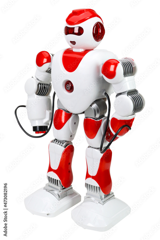 White and red toy robot, on a white background. Isolated image White and red toy robot, on a white background. Isolated image