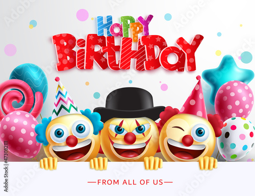 Birthday greeting clowns vector design. Happy birthday typography text in paper cut with funny smiley clown faces and balloons element for birth day celebration messages. Vector illustration.
