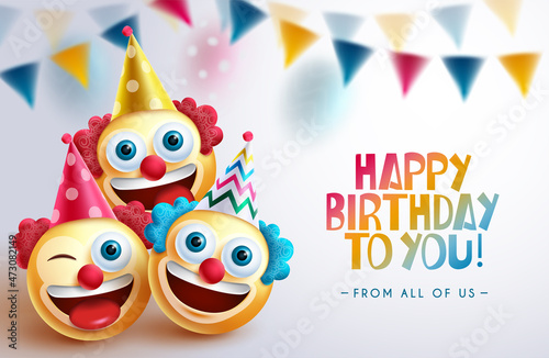 Birthday clowns vector background design. Happy birthday greeting text with smileys clown character in funny and smiling faces for fun and enjoy birth day celebration. Vector illustration.
