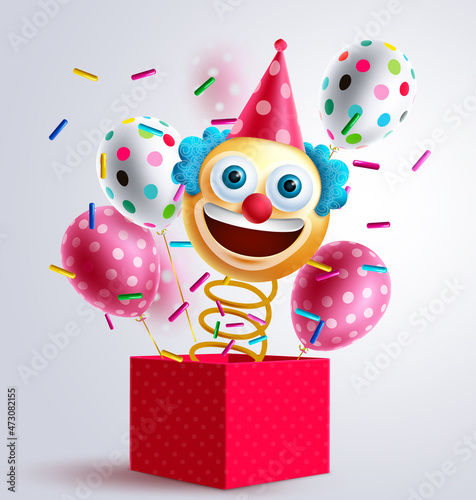 Jack in the box birthday vector design. Smiley clown toy in the box with balloons pattern and spring surprise elements for birth day emoji gift celebration. Vector illustration.
