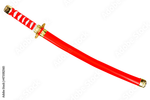 Red sword katana, toy katana on a white background, isolated image