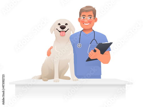Veterinarian with a dog. A vet clinic worker,  animal doctor, stands next to a labrador retriever. Medical care for pets
